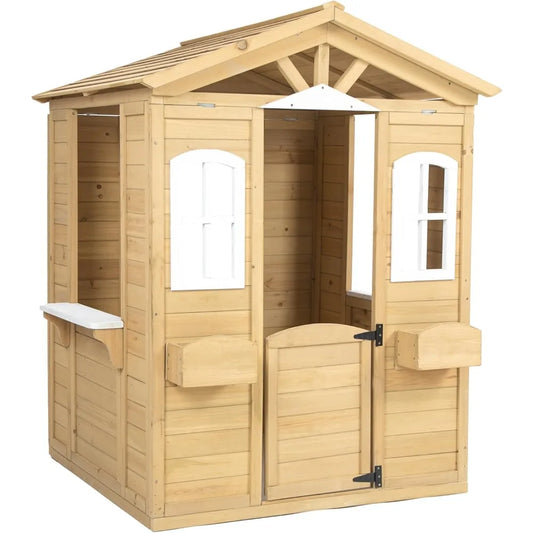 Wooden Playhouse for Kids Outdoor, Country Style Playhouse with Working Door, Service Stations, Natural,39" L X 38" W X 55.5" H