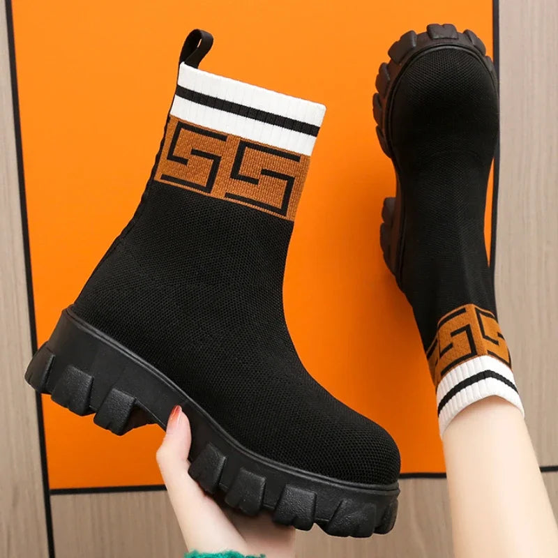 2022 Autumn Winter New Couple Socks Shoes Women Thick-soled Casual Large Size Net Black Knitted Short Boots Women Botas De Mujer - MAGUSTA BEAUTY