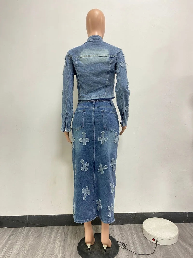 Tassel Embroidery Denim Two Piece Skirt Set Women Long Sleeve Zipper Jackets Crop Tops High Waist Side Split Maxi Pencil Skirts