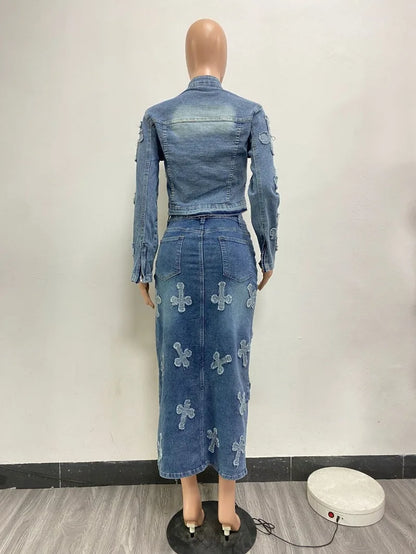 Tassel Embroidery Denim Two Piece Skirt Set Women Long Sleeve Zipper Jackets Crop Tops High Waist Side Split Maxi Pencil Skirts