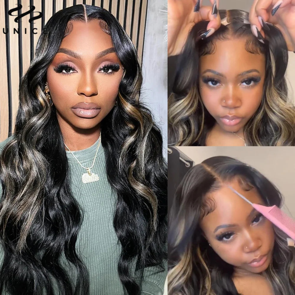 UNice Body Wave Highlight Wig Human Hair 13x4 Lace Frontal Wig Pre Cut Pre Bleached Knots 7x5 Lace Wig Wear Go Glueless Wig