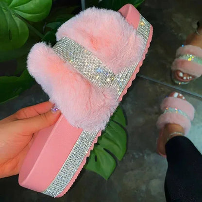 Women Fur Rhinestone Slippers Platform Wedges Without Heel Fluffy Furry Slides Flat Flip Flops Shoes Ladies Shiny Bling