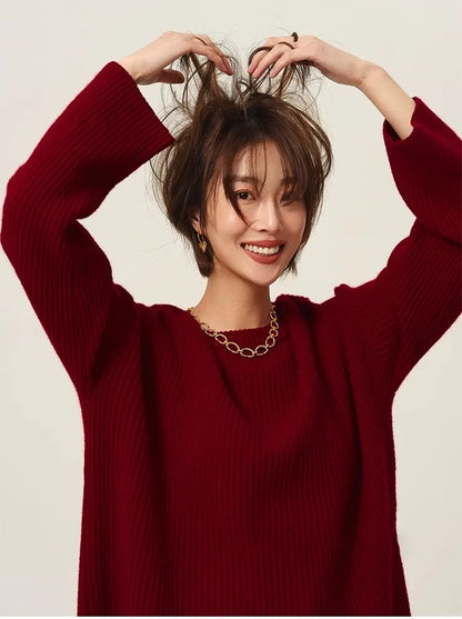 Turtleneck 100% cashmere sweater women loose thickening age reduction niche vintage red crewneck sweater women long sleeves