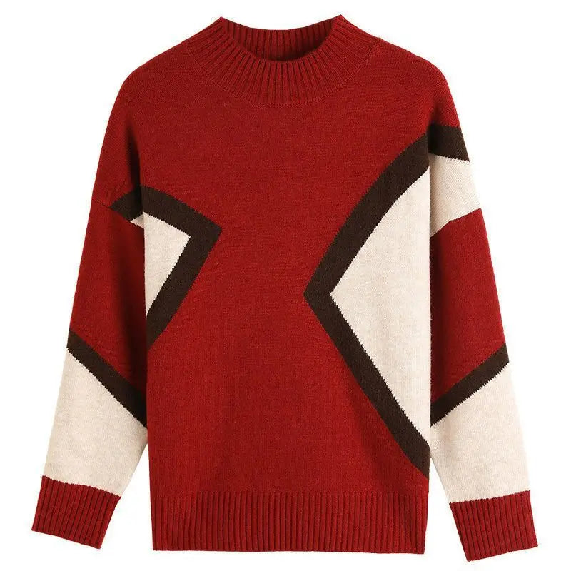 Velvet and Thickened Women's Top 2024 New Autumn/Winter Korean Edition Color Block Knitted Half High Neck Sweater