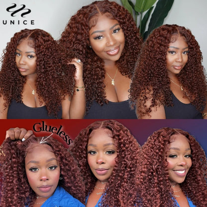 UNice Hair 200% Density Reddish Brown Curly Wig 7x5 Pre Cut Pre Bleached Glueless Wig Human Hair Ready To Wear