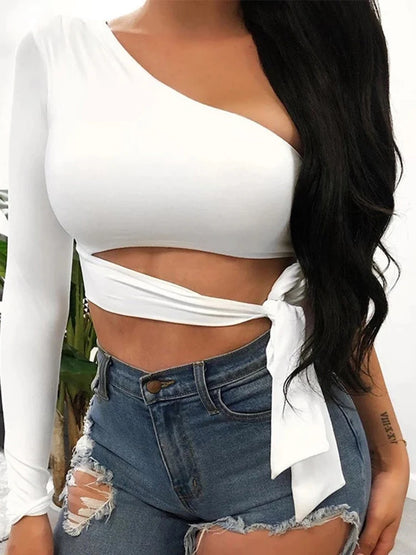 Women lady bandage slim tee tops long sleeve one-shoulder bow-tie elastic solid T Shirt cold shoulder sexy crop top Club Street