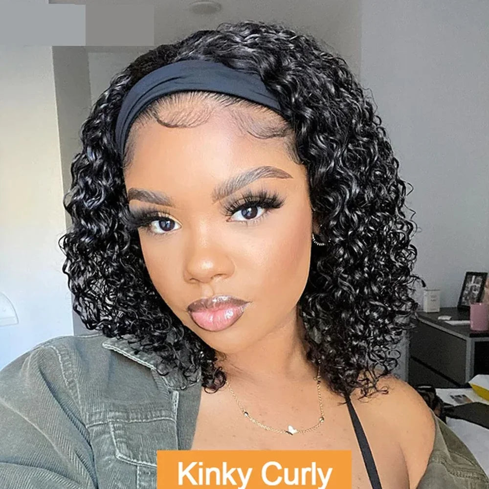 Water Wave Headband Wig Kinky Curly Human Hair Wigs For Women BrazilianFull Machine Made Remy Human Hair Wig Scarf Wig