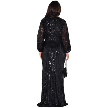 Women Sequins Splice Dress V Neck Full Sleeve A Line Evening Dresses Party Solid High Waist Long Skirts Office Lady Prom