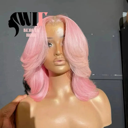 WIF Pink Bob Lace Wig Body Wave Short Bob Pink Hair Heat Synthetic Lace Front Wig Women Cosplay Use Purple Bob Hair