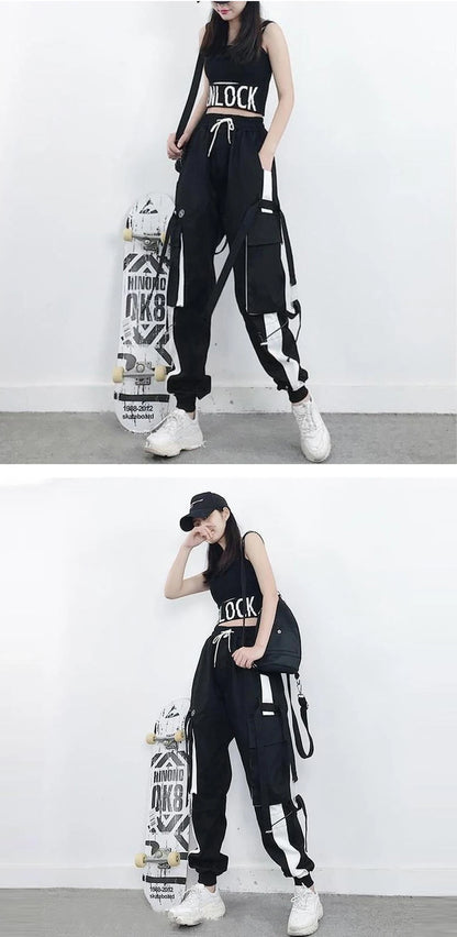 Women Cargo Pants 2023 Harem Pants Fashion Punk Pockets Jogger Trousers With Chain Harajuku Elastics High Waist Streetwear