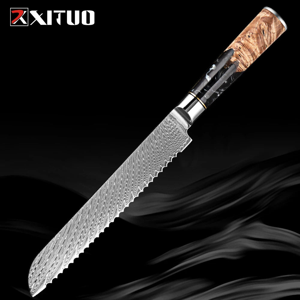 XITUO 1-9 PCS Damascus Steel Kitchen Knives High Quality Chef Chopping Vegetable Slicing Deboning Bread Knife Black Resin Handle