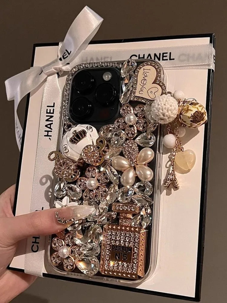 16 Pro Case Luxury Glitter Diamond Perfume Shiny Rhinestones Designers Clear Phone Cover for iPhone 15 Pro Max 13 14 Plus 11 12