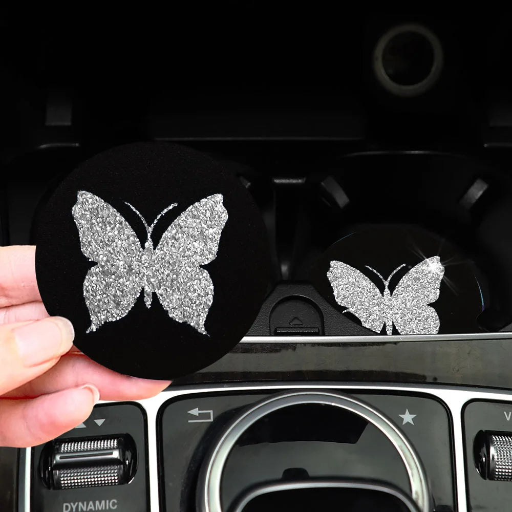 Two Cute Pink Butterflies Glitter Light Car Water Cup Pads for Women with Car Accessories