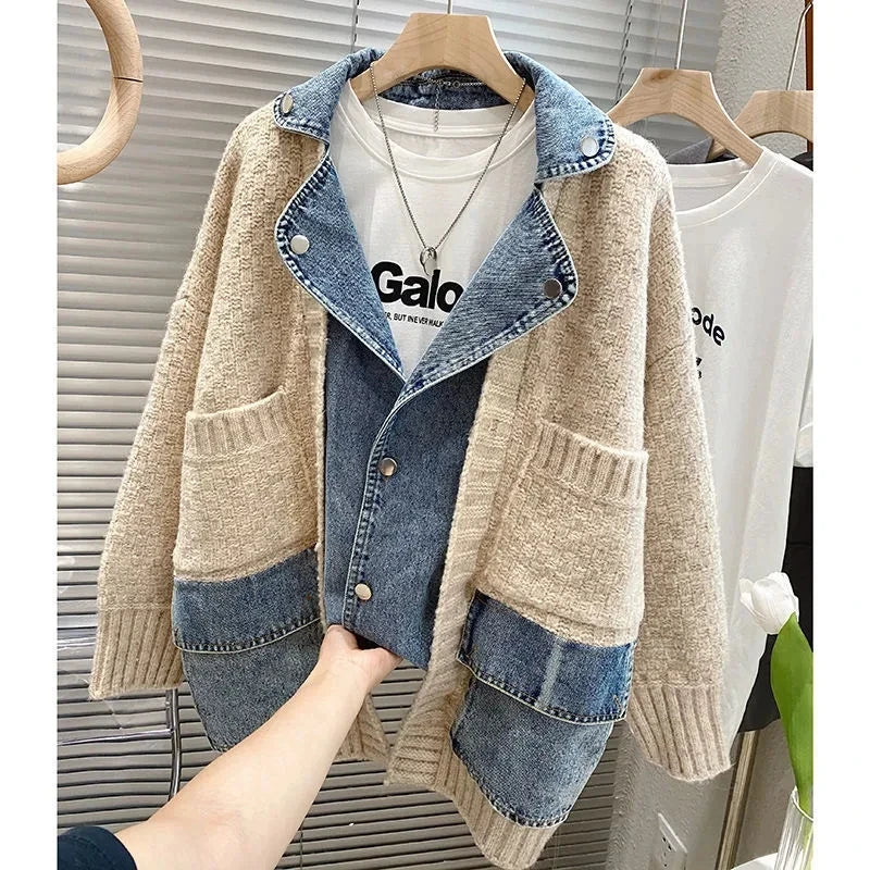 2023 New Autumn Winter Women Splicing Denim Jacket Women Long Sleeve Jean Jackets Female Loose Sweater Cardigan Jacket