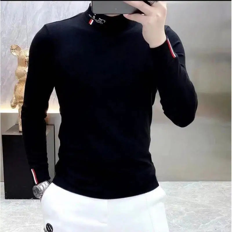 Winter Thicken Keep Warm Men Long Sleeve T-shirts Trendy Versatile Slim Casual Mock Neck Bottoming Shirt Breathable Pullover Top