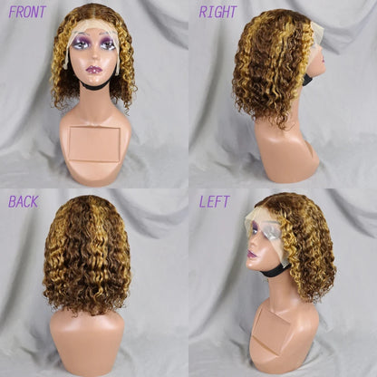 13x4 Lace Front Wigs 200% Density Bob Water Wave Wig 4/27 Human Hair Curly Human Hair with Baby Hair Wigs for Women 10-16 Inches