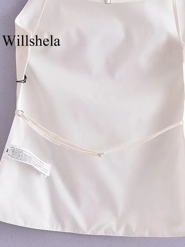 Willshela Women Fashion Solid Lace Up Backless Camisole Vintage Thin Straps Square Collar Female Chic Lady Tops