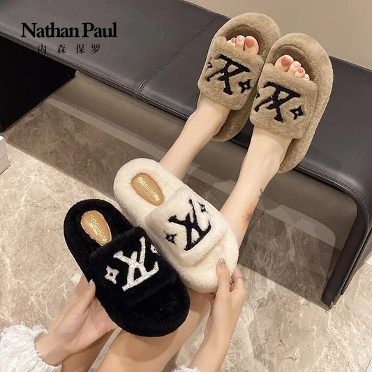 women's slippers solid color fluffy slippers women's winter fashion New women's shoes  thickened warm floor cotton slippers