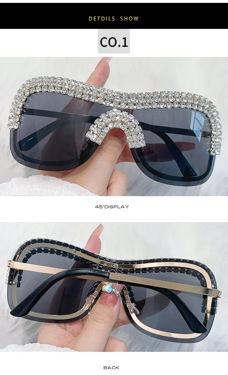 Y2K Vintage Punk Diamond Rimless Sunglasses Women Sun Glasses Brand Designer Trending Luxury Crystal Rhineston One Piece Shades