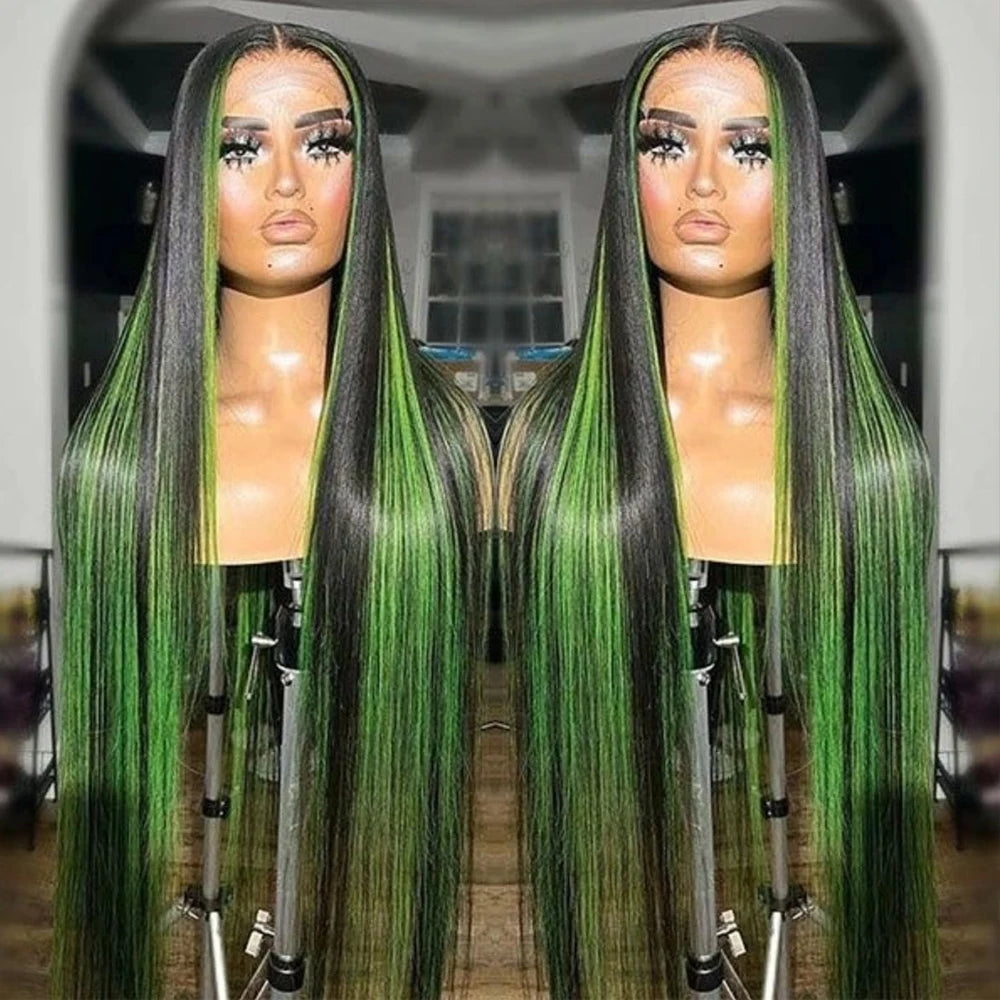 13x4 HD Highlight Green Straight Lace Frontal Wigs Ombre Human Hair Wigs Black and Green Highlight Long Straight Lace Front Wig