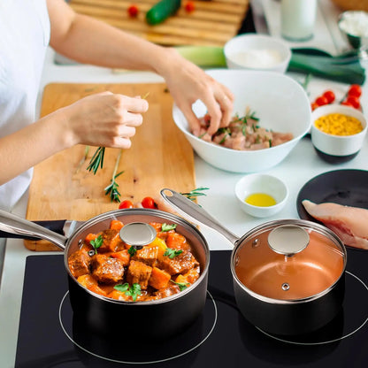 Ultra Nonstick Saucepan Set of 3, Ceramic Saucepans with Lids, 1 Qt & 2 Qt & 3 Qt Small Pot Set, Copper Sauce Pan with Lid