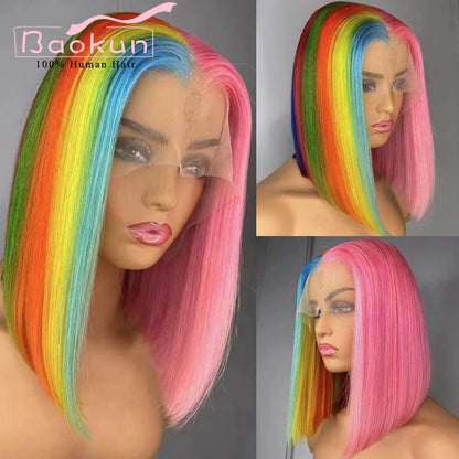 13x4 Rainbow Bob Straight Lace Front Wigs Human Hair 13x6 HD Lace Frontal Wig Glueless Blue Red Pink Highlight Human Hair Wigs