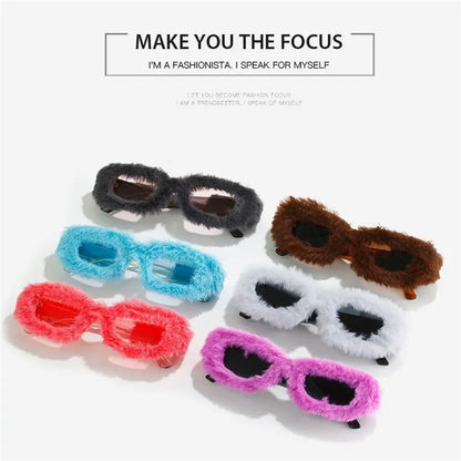 NEW Trendy Rectangle Sunglasses Women Punk Plush Sun Glasses Ladies UV400 Shades Fashion Funny Decor Eyewear