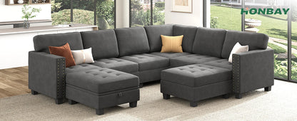 Velvet Modular Sectional Sofa, Convertible L Shaped Sofa Couch with Storage Top Tray Ottoman Corner Couch,Dark Blue