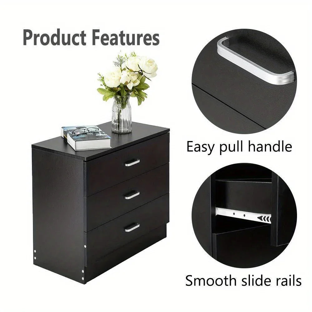 Wooden Dressers Chest of Drawers 3 Drawer Black Finish Bedroom Storage Furniture