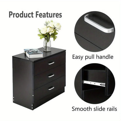 Wooden Dressers Chest of Drawers 3 Drawer Black Finish Bedroom Storage Furniture