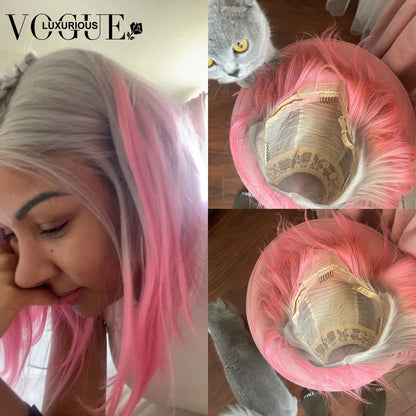 13x4 Ombre Pink Short Bob Wig Transparent HD Lace Front Brazilian Virgin Human Hair Wigs Grey Colored Straight Wigs for Women