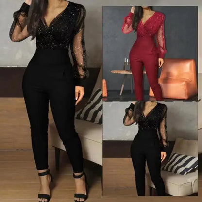 Women Sexy Jumpsuits Sequins Full Sleeved V Neck Lace Rompers Midi Waist Pants One Piece Overalls Solid Straight Trousers