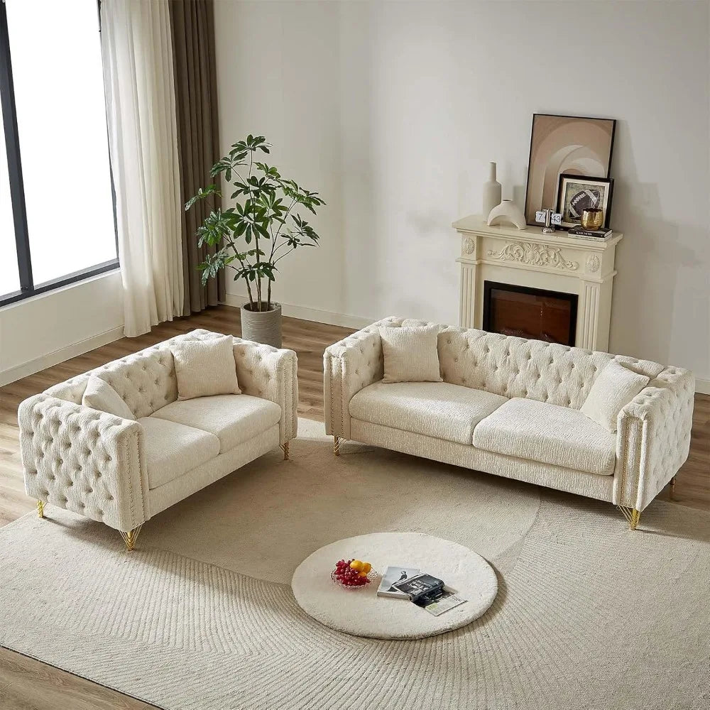 2 Piece Living Room Furniture Sets, Modern Chenille Couch and Loveseat Sofa Set, Upholstered Buttons Tufted 3 Seater Sofa