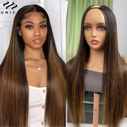 UNice Hair Brown Balayage U Part Wig Human Hair Highlight Straight Human Hair Wig Glueless Upart Wigs for Beginners 150% Density