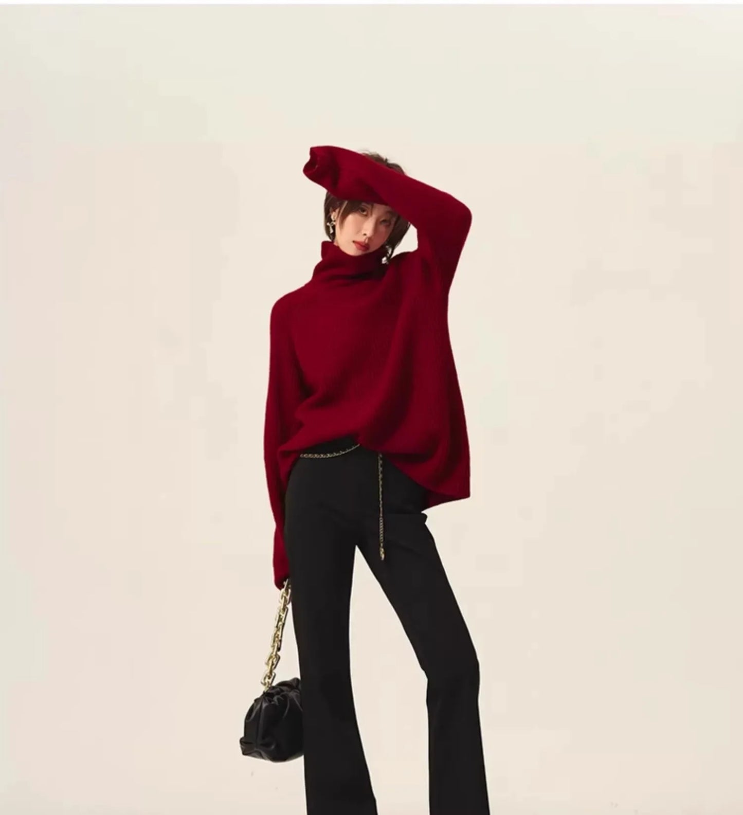 Turtleneck 100% cashmere sweater women loose thickening age reduction niche vintage red crewneck sweater women long sleeves