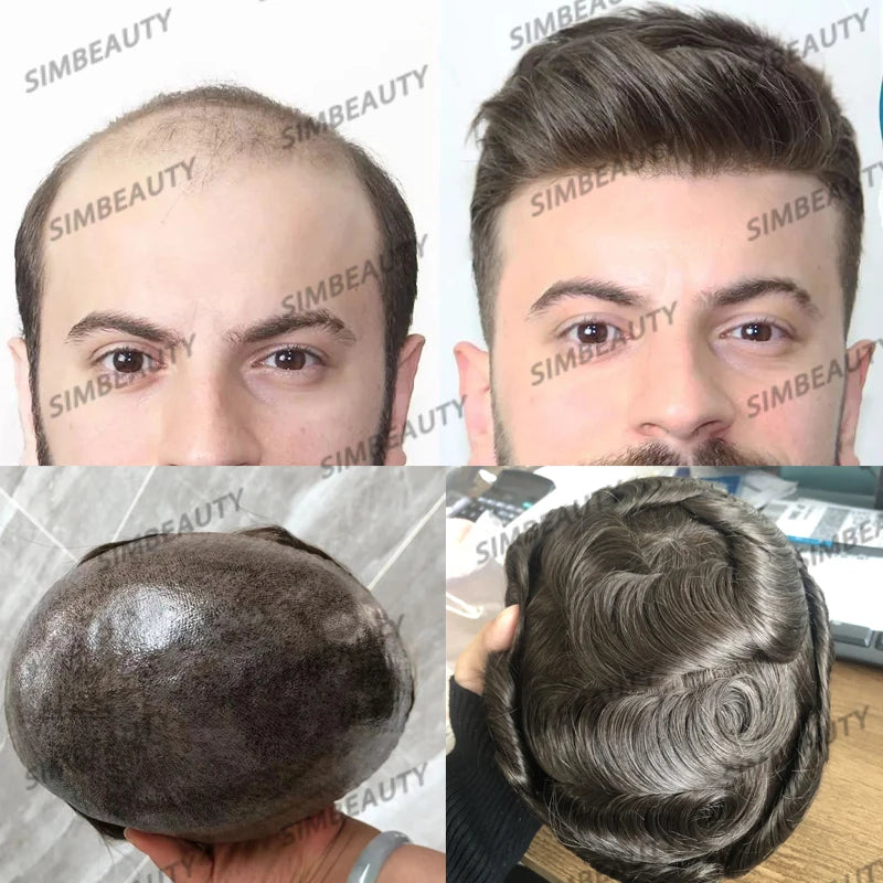 100% Human Hair Men Toupee Natural Hairline Full Skin Pu Base Durable Thin 0.1mm Male Wigs Replacement Unit Capillary Prosthesis