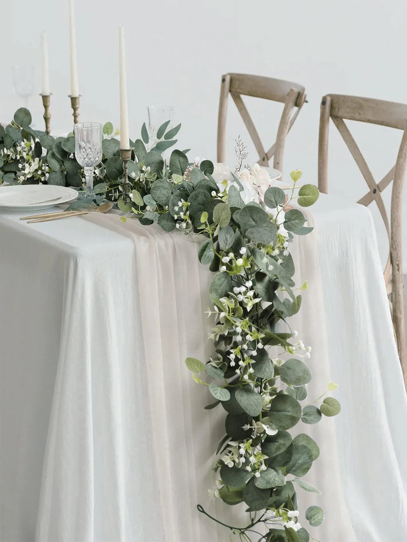 1pc Artificial Eucalyptus Leaves Greenery Garland Faux Plant Spring Vines with White Flowers Berries for Wedding Home Party Deco