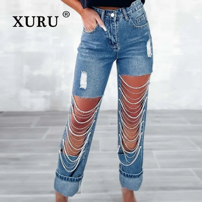 XURU - European and American New Big Hole Jeans Women's Wear, Chain Hanging Straight Length Jeans K82-3286