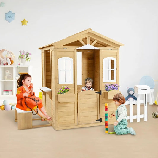 Wooden Playhouse for Kids, Outdoor Wooden Cottage with Working Door, Windows, Mailbox, Boys Girls Kids Pretend Playhouse