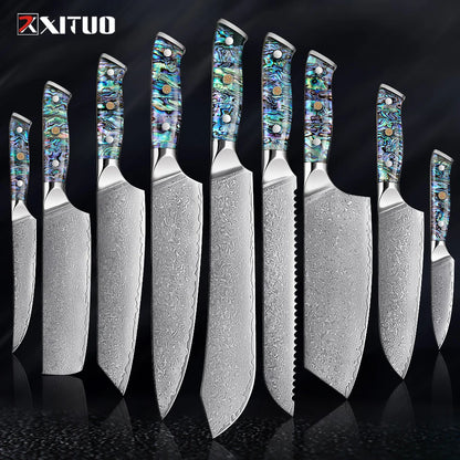 XITUO 67 Layer Damascus Steel Kitchen Knives Set Abalone Handle Sharp Santoku Bread Boning Knife Practical Kitchen Cutting Tools