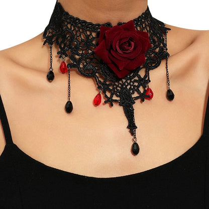 Vintage Flower Charm Pendant Choker Necklace for Women Gothic Lace Tassel Clavicle Chain Jewelry