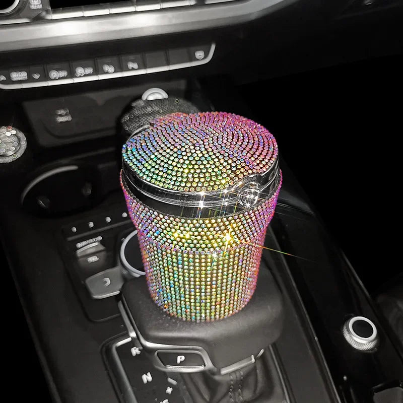 Crystal Diamond Car Ashtray Auto Portable Bling Cigarette Smokeless with LED Light Indicator Car Accessories for Women