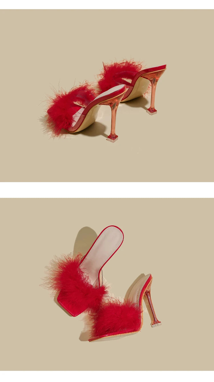 Women Rabbit White Fur Clear PVC Slippers Square Toe Stilettos Slides Transparent Crystal High Heels Sandals Mules Glass Heels