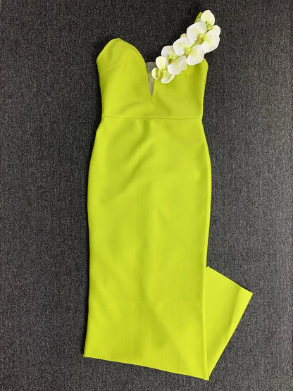 White Moth Orchids One Shoulder Yellow Green Ankle Length Bandage Dress Celebrity Party Evening Dress Woman Voaction Outfit