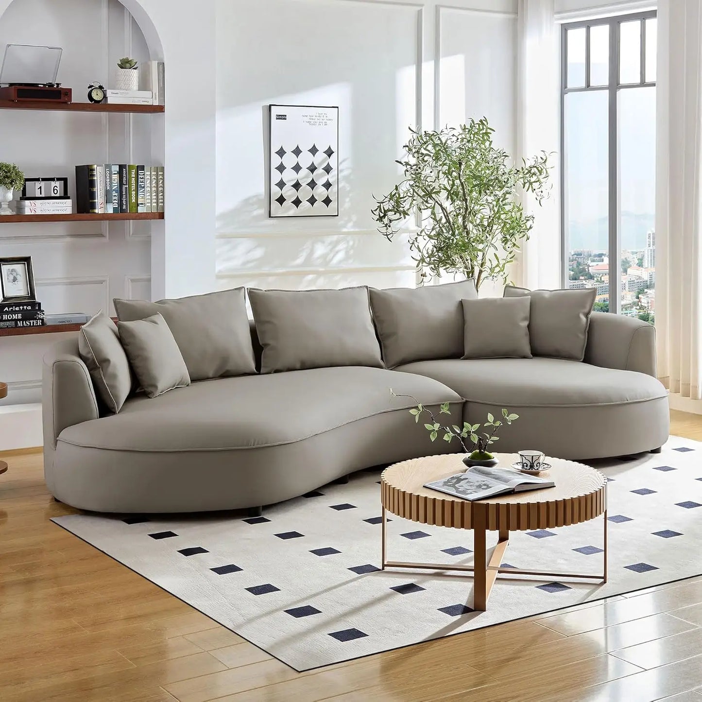 124.8" Modern Curved Sofa Couch, Upholstery Boucle Sofa  with Pillows, Right Hand Facing Sectional Boucle Fabric Couch