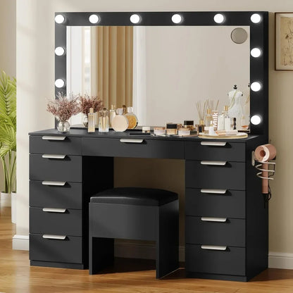 Vanity with LED-Lit Mirror & Electrical Socket, Cosmetic Vanity Station with 11 Compartments and Magnifier, 46'' Dressing Table