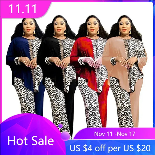 2 Piece African Clothes for Women Autumn Elegant Long Sleeve O-neck Top Pant Plus Size Matching Sets Dashiki African Clothing