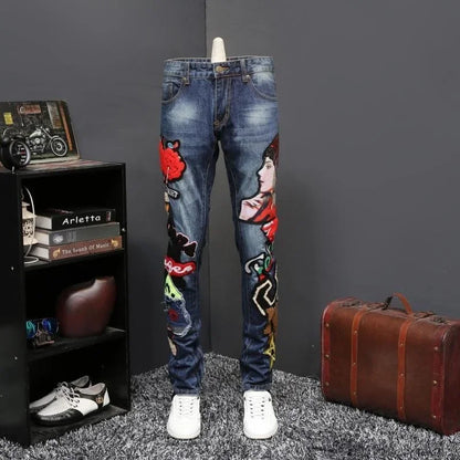 Wind Personality Beauty Embroidered Jeans Male Embroidery Flocking Self-cultivation Directly Canister Long Pant Jeans Homme