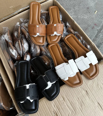 Women Fashion Slippers Summer Outdoors Beach Slippers Soft Flats Home slippers Female Luxury Leather Sandals Casual Slides Shoes