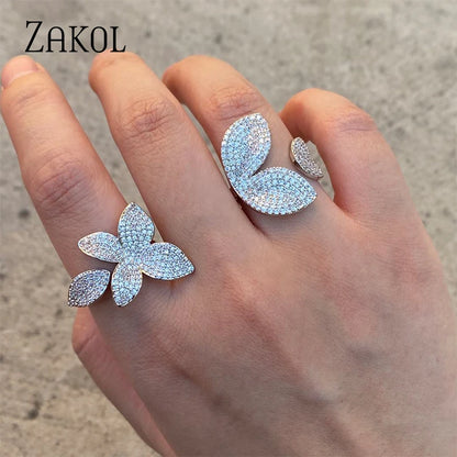 ZAKOL Luxury Sparkling Leaf Flower Micro-paved Zirconia Open Rings for Women Delicate Bridal Wedding Jewelry RP2034